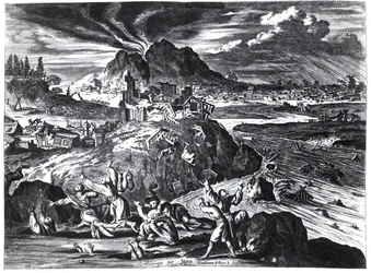 Earthquake in Edo (Tokyo) in 1659, illustration from the account by Arnold Montanus of embassies sent by the Dutch East India Company to the Emperor of Japan, published in Amsterdam 1669