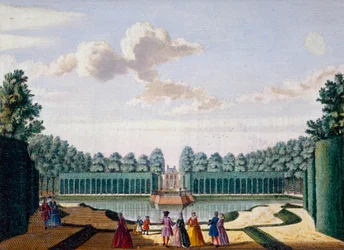 The pathway beside the pond towards the house, Meerestein, from Het Zeganpralent Kennemerlant by Hendrick de Leth and Matthias Brouerius Van Nidek, published c.1700-1730