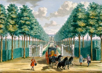 View of Velserbeek House from the driveway and entrance, from Het Zeganpralent Kennemerlant by Hendrick de Leth and Matthias Brouerius Van Nidek, published c.1700-1730