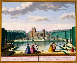 View of the large basin and parterre at the back of the house, from Het Zeganpralent Kennemerlant by Hendrick de Leth and Matthias Brouerius Van Nidek, published c.1700-30