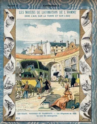 Stagecoach in 1840 - From a protective sleeve for school books, late 19th century - illustration by E. Letellier