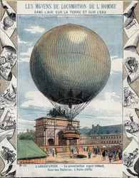 Operation of inflation and equipment of the captive balloon of Henry Giffard at the Tuileries in Paris 1878 - From a protective sleeve for school books, late 19th century - illustration by E Letellier