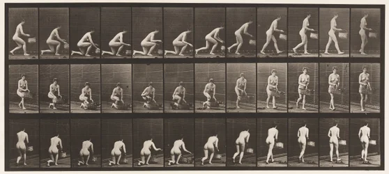 Kneeling on Left Knee, Basket in Left Hand, and Rising, 1872-1885