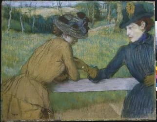 Two Women Leaning on a Fence Rail