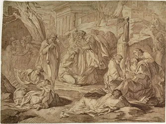 A Saint Clothing the Poor Among the Ruins of an Earthquake