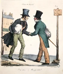 One man leaving and the other returning to hospital, caricature from the 