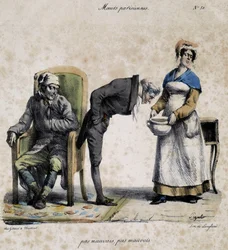 Sick, doctor looking in the pot and servant. Cartoon of Parisian morals by Pigal (19th century), preserved at the Musee Dobree in Nantes