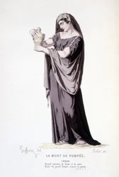 The character of Cornelie in the theatre play La mort de Pompee (Compendium of plays of Corneille) drawing by Geffroy, engraving by Colin - ed. Laplace, Sanchez et Cie, Paris 1884