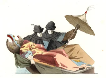 Venitians wearing the bauta mask, Italy 18th century, based on a painting by Giovanni Antonio Canal dit Canaletto - Lithography based on an illustration by Edmond Lechevallier-Chevignard, from Historical Costumes