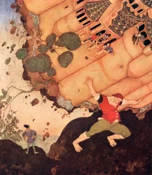 "Hi friend, take the whole castle with the Queen and all that it contains on your shoulders", illustration from the Belgian fairytale The Seven Conquerors of the Queen of the Mississippi, from Edmund Dulac