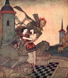 "The Prince, looking out, saw him snatch up the Princess and soar rapidly away", illustration from the Serbian fairytale The Story of Bashtchelik, from Edmund Dulac