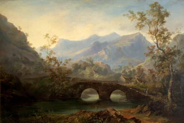 Mountainous Landscape with River, Bridge and Cottages, 19th century