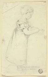 Little Girl Standing at Desk and Writing