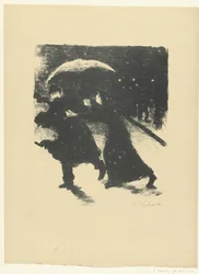 Man and Woman Under Umbrella in Snow at Evening