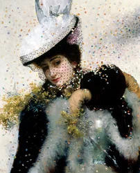 A Winter Bride. A young woman dressed in a fur coat, muff, and veiled hat smiles under a shower of confetti.