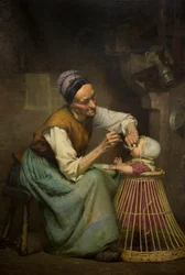 An Old Woman Feeds Her Granddaughter Held in a Wicker Baby Walker