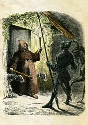 Illustration by Edward Frère (1797-1874) and Theodore Lix (1830-1897) for “Ivanhoe” by Walter Scott (1771-1832), Scottish writer: Black Knight accepts the hospitality of a hermit in the forest.