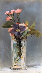Violets and Clematis in a Crystal Vase