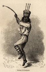 A dancer in Sarayacu (Peru). Engraving in Le tour du monde, edited by Edouard Charton