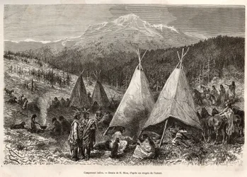 An Indian camp, in Utah territory, on the banks of the Riviere Verte (engraving after the drawing of E. Riou, to illustrate the story 