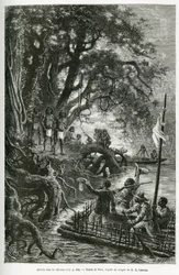 Arrival of the raft of Dr. Crevaux and E. Lejeanne, on the banks bordering the village of Mitouas. Engraving by Riou, to illustrate the voyage of exploration through New Granada and Venezuela, by Doctor Crevaux, first class physician of the navy and E. Lej