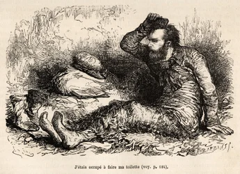 Lieutenant Tyson occupied his morning toilet, a comb before putting on his boots, etched after a drawing by E. Riou, illustrating the story of the Polaris, ice raft