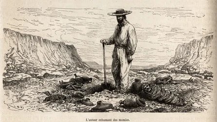 Paul Marcoy exhuming Inca mummies (Lower Peru), engraving by E. Riou illustrating the journey in the mountains, the valley of Huarancalqui and the regions of Pjonal, from 1862 to 1863, by Paul Marcoy, published in “Le tour du monde” 1875, edited by Edouard