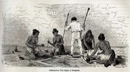 Paul Marcoy learned to make a carpet with the widows of Sarayacu, drawing by Riou, to illustrate Paul Marcoy