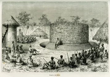 Reception at Mkwewe, Tribe Chief, with the Narrator. Engraving by Riou to illustrate the story 