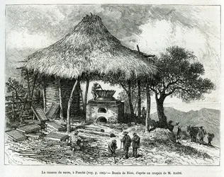 The Sugar Baking Oven, in Panche (Colombia), drawing by Riou, to illustrate the story of Equinoxiale America (Colombia, Ecuador, Peru), in 1875-1876, by Ed. Andre, traveler mission charge by the French government. Engraving in Le tour du monde
