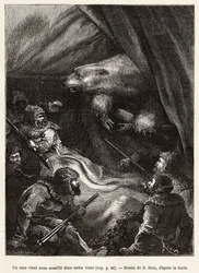 The crew of the ship La Germania hunting on the ice, visited by a polar bear. Engraving illustrating a voyage to the North Pole
