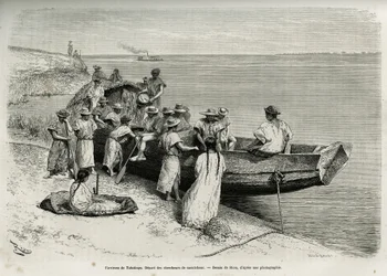 The start of rubber researchers, in the vicinity of Tabatinga (upper Amazon region). Engraving by Riou, to illustrate the story of Cayenne aux Andes, by Jules Crevaux, doctor of the French navy, in 1878-1879, published in the Tour du monde, under the direc