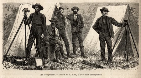 The team of topographers with their equipment, from the American geological mission, engraving after the drawing by F. Riou, illustrating a set of geographic missions through the United States National Park, from 1870 to 1872, by Messrs Hayden, Doane and