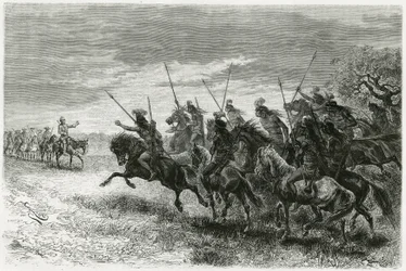 Tobas Indians (from the Chaco region, between Paraguay and Bolivia) refusing to pass to the column of the Thouar expedition. Engraving by Riou, to illustrate the story 