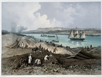 View of the canal in “Inauguration of the Suez Canal by G. Nicole. 1869