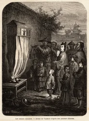 A mobile theatre of Chinese shadows, on a walk near Peking, drawing by Vaumort (? -1886), to illustrate the journey from Shanghai to Moscow, from 1859 to 1862, of M. de Bourboulon, French minister to China. Engraving in 