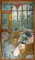 Two Women Embroidering Under a Veranda