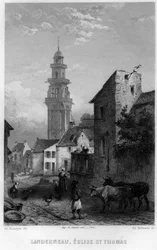 View of Landerneau and Saint Thomas Church, Finistere, Brittany, France. Engraving by Willmann in 