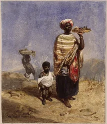 An Afro-Brazilian woman leading a small boy by the right hand and supporting a fruit bowl with her left hand