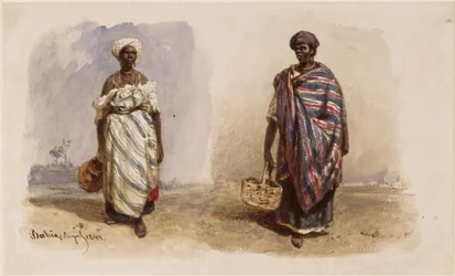 Two Afro-Brazilian women with shawls, one with a water jar, the other with a basket