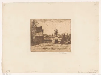 Farmyard with Barn and Haystacks