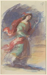 Young woman walking, in colorful, flowing garment, against a dark background