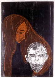 Head of a man in the hair of a woman