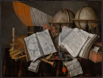 A Vanitas Still Life with a Flag, Candlestick, Musical Instruments, Books, Writing Paraphernalia, Globes and Hourglass