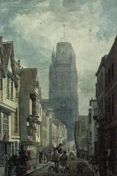 Redcliffe Street, Bristol, showing the Tower of the Church of St. Mary Redcliffe