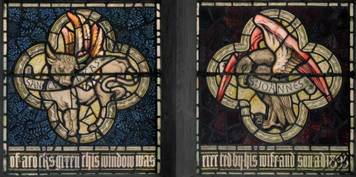 Birmingham, Acocks Green, St Mary the Virgin, Morris & Co., Edward Burne-Jones, John Henry Dearle (1859-1932), Symbols of the Evangelists, St Luke and St John, 1895