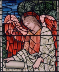 Birmingham, Acocks Green, St Mary the Virgin, Morris & Co., Edward Burne-Jones, John Henry Dearle (1859-1932), Angel with Scroll, detail, 1895