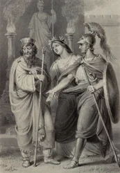 Warrior accompanied by a woman addressing a Priest in the Precincts of a Temple