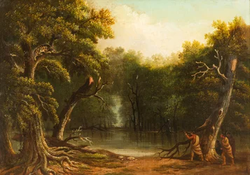 Native Americans Shooting Jaguar in a Tree