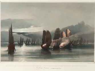 Attack on the Pirate Squadron of Chuiapoo, off Tysami, China, on the Night of the 28th September 1849 by HMS Columbine, J C Dalrymple Hay, Esqr, Commr